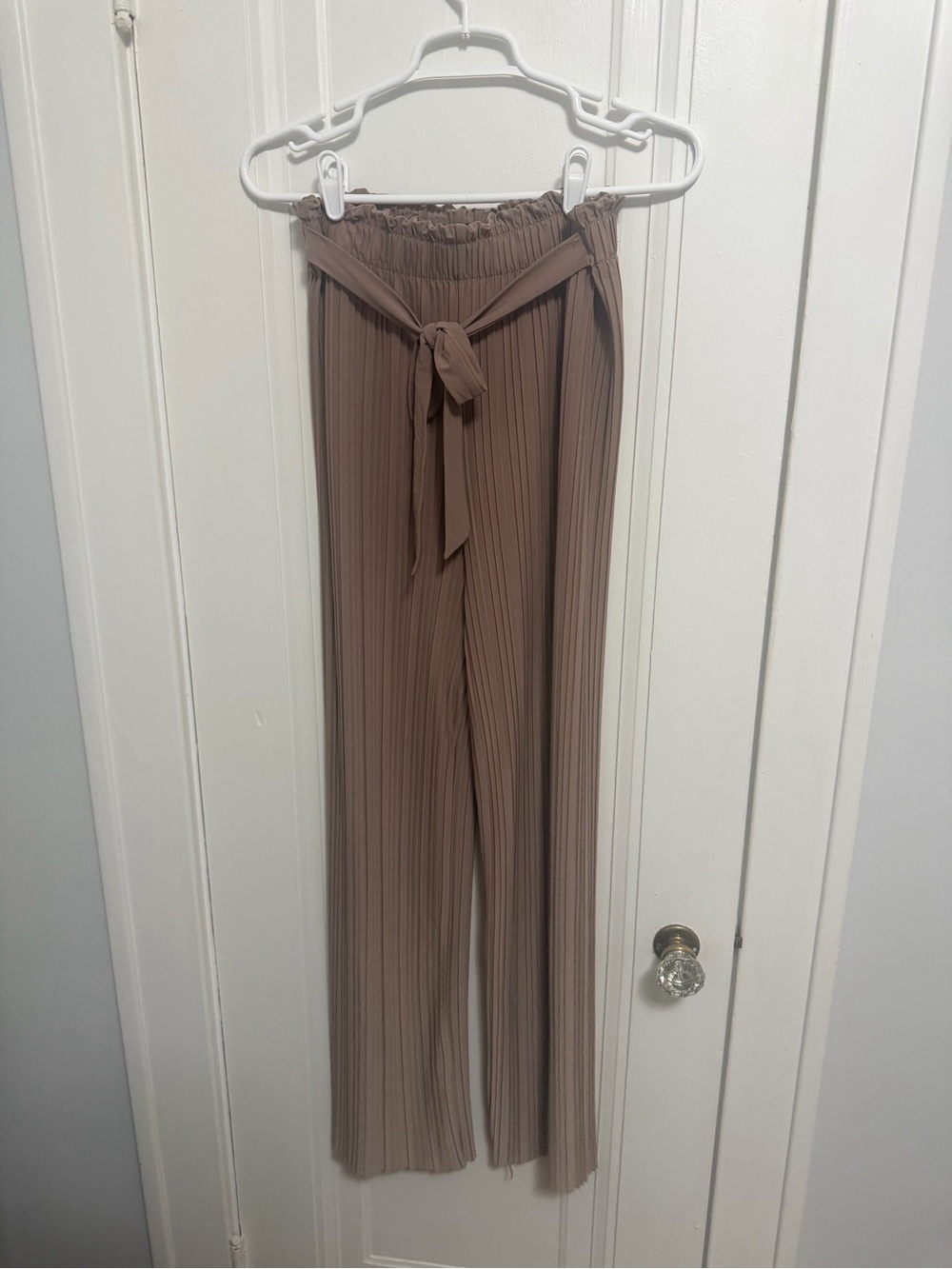 High-Rise Pleated Wide-Leg Pants with Self-Tie Belt - Taupe